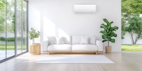 Fototapeta premium Air Conditioning Unit in Living Room with Greenery and Sunlight