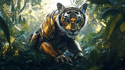 Wild Robotic Tiger With Sleek Metallic Fur Crouching In a Dense Jungle Underbrush With Sunlight Filtering Through the Canopy and Creating Dynamic Shadows