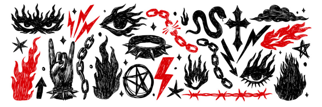 Alternative style doodles with gothic and occult themes — eyes, flames, chains, pentagrams and lightning in black and red palette.