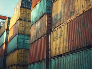 Fototapeta premium A shot of large shipping containers stacked at a warehouse facility, Shipping, Industrial and organized