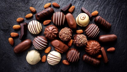 delicious chocolate coated treats on dark stone background