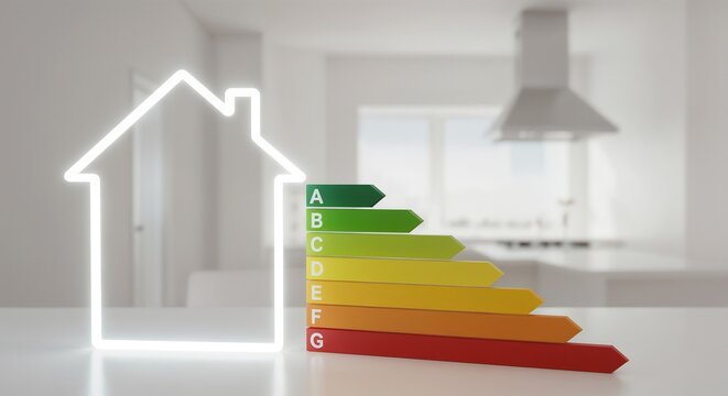 A white outline of a house is on the left, with a colorful energy efficiency rating chart to its right, featuring a gradient from green (A) to red (G), set against a blurred modern kitchen