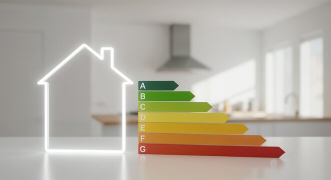 A white, glowing outline of a house is on the left, with a colorful energy efficiency rating chart to its right, featuring a gradient from green (A) to red (G), set against a blurred modern kitchen