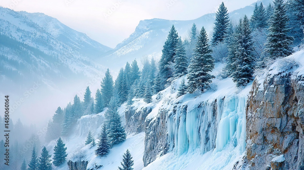 Fototapete a photo of a snow-capped mountain with an ice-covered waterfall and coniferous trees in the foregrou