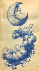 Blue ink drawing of a crescent moon above swirling clouds with ornate flourishes