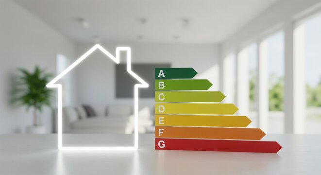 A white outline of a house is on the left, with a colorful energy efficiency rating chart to its right, featuring a gradient from green (A) to red (G), set against a blurred modern living room