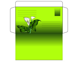 Envelope with Calla lilies, unwrapped - vector full color template for cutting and gluing an envelope decorated with flowers and leaves. Envelope with callas