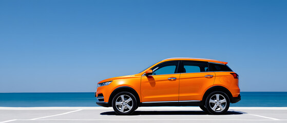 Single orange car in a parking lot. Contrast day light, ocean on background. Banner with copy space. Unbranded SUV. 