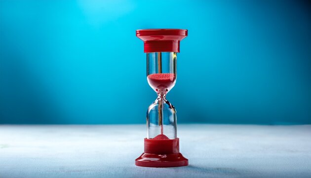 a red sand timer is on a table with a blue background