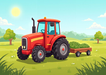 Cartoon farm landscape with fields and tracto