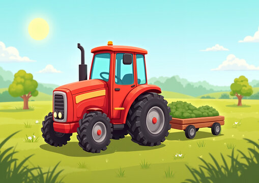 Cartoon farm landscape with fields and tracto