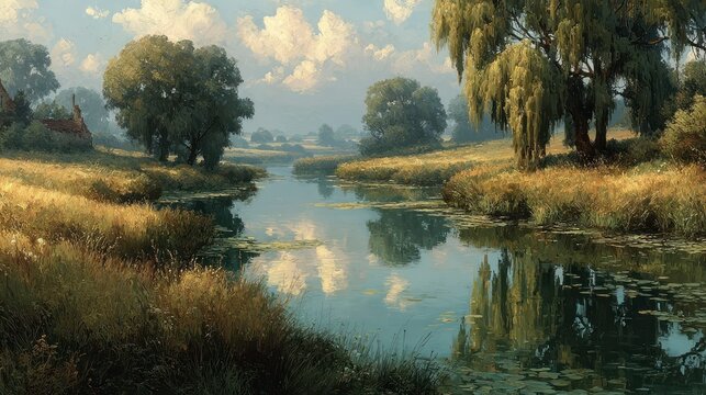 Serene River Landscape with Lush Greenery and Cloudy Sky