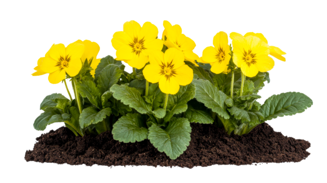 Yellow Viola blooms growing from soil, cut out transparent