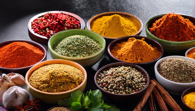 colorful mix of herb and spice varieties curry and coriander turmeric and cumin paprika and pepper mustard and salt cardamon and oregano and saffron food ingredients background