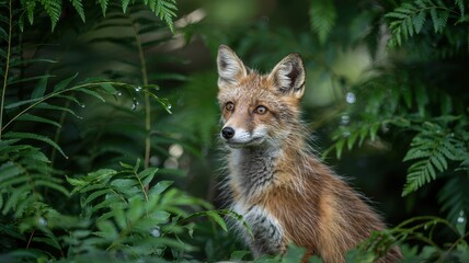 Red fox with wet fur peering from dense green ferns with golden eyes