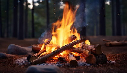 camp fire burning and flickering away
