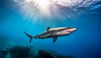 Naklejka premium majestic shark gliding through clear ocean water beneath sunlight