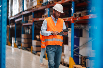 Warehouse manager using digital tablet and walking through large distribution warehouse