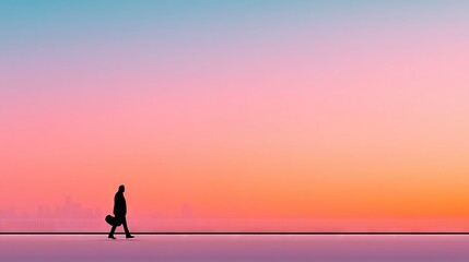 Fototapeta premium A person strolls over a water body with a cityscape in the backdrop during sunset