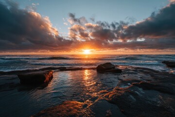 Golden sunset over a rocky coastal landscape with dramatic clouds.