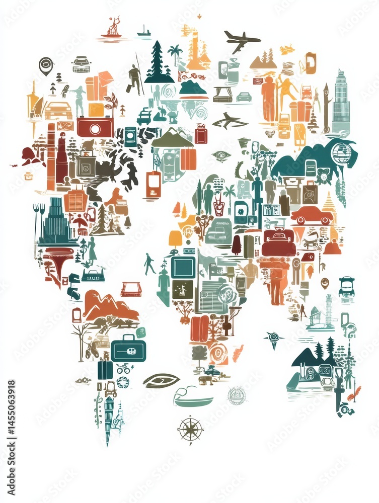 Leinwandbilder explore a minimalist world map crafted from various travel icons showcasing adventure and destinatio