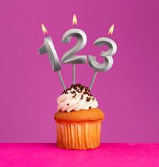 Birthday card on violet background - Candle number 123
