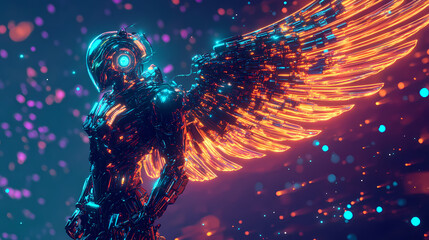 A cybernetic knight with radiant neon wings, its luminous circuits pulsing as it battles against digital darkness. [Neon Folklore] | Virtual Myths | simulated legends. Illustration