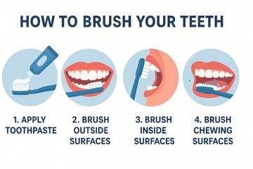 Illustrated guide on how to brush your teeth effectively with step-by-step instructions for clean and healthy oral care. White background