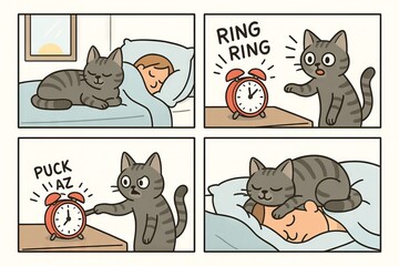 Cute comic of gray cat alarm clock scene with sleeping boy and curious feline in bedroom. concept of adorable pets, waking up, morning routine, playful cat humor. Funny comic strip
