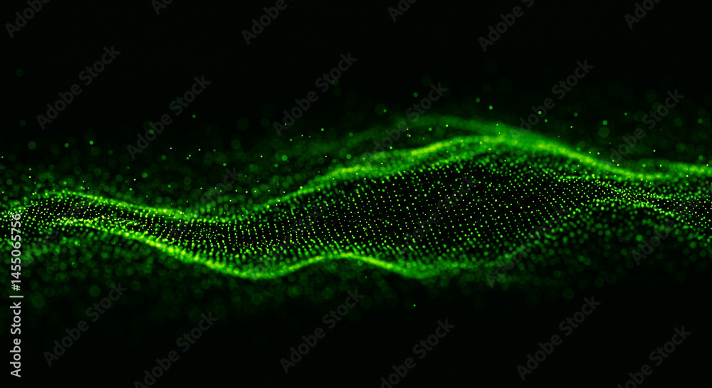 Poster a green digital wave pattern with small particles floating on a dark black background in a horizonta