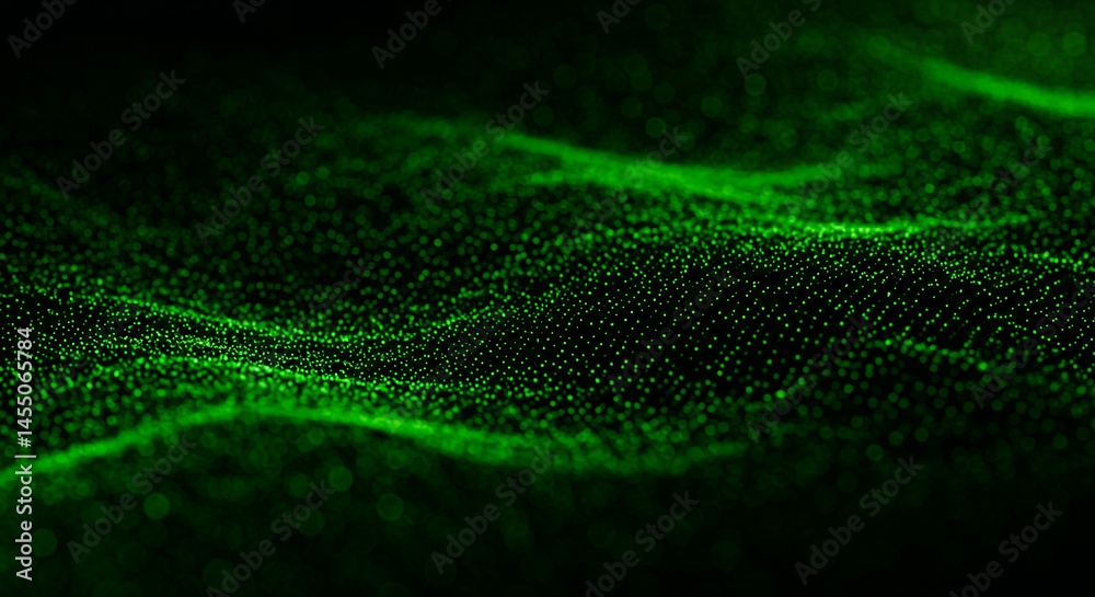 Poster a vibrant green abstract wave pattern with small dots on a dark background creating a digital effect