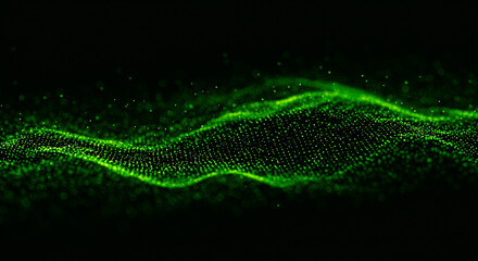 A green digital wave pattern with small particles floating on a dark black background in a horizontal view