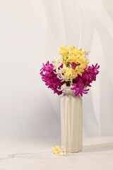 Beautiful banner of different varieties of hyacinths and muscari in a vase, template for design and screen. Abstract flower arrangement. Spring card, business card for product demonstration