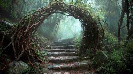 Mysterious stone steps winding through a lush green foggy forest path dark arch calm wild vine trees