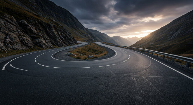 Winding road through mountain pass with dramatic sky and sunlight breaking through the clouds at sunset