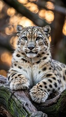 Fototapeta premium Snow leopard resting calmly on tree branch with golden light and soft bokeh