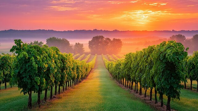   Sun setting over vineyard, trees in fg, foggy sky bkg