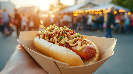 A delicious hot dog is held at an outdoor event. The hot dog is loaded with toppings, including mustard, relish, and other goodies, making it perfect for a summer meal.