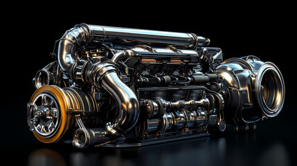 Obraz premium A high-performance turbocharged engine on a deep black background with soft reflections. [Gilded Mechanica] | Silk Pistons | soft mechanics. Illustration