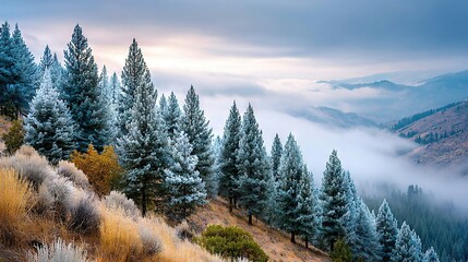  A grove of trees capped in snow atop a hill overlooking a dense forest of towering trees