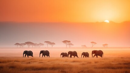 Fototapeta premium A herd of elephants gracefully walks through a parched field, bathed in the warm light of the setting sun, surrounded by tall trees in the background