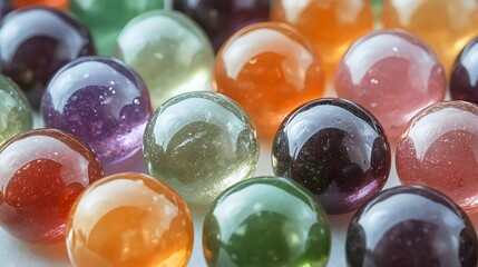 A close-up of multiple colorful glass marbles, reflecting light and creating a visually appealing display.