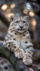 Obraz premium Snow leopard resting on dark branch with forest tones and man in background