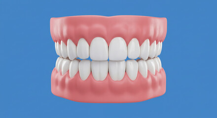 Fototapeta premium A set of dentures with white teeth and pink gums on a blue background in a dental representation