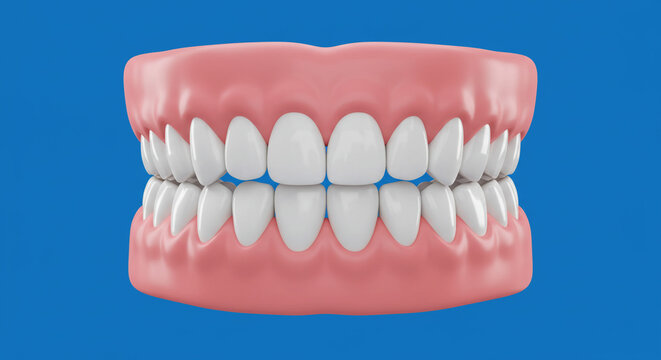 A dental model showcasing a full set of teeth with pink gums against a blue background in a studio shot