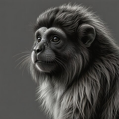 Fototapeta premium Realistic Gray Monkey Portrait in Vintage Style – Capturing Emotional Wildlife Expression and Artistic Animal Behavior in Black and White Photography