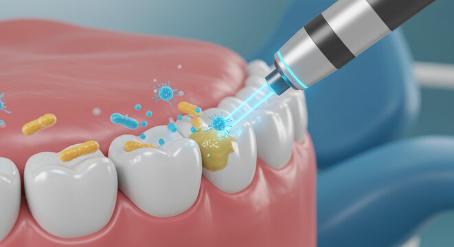 Dental laser cleaning teeth with bacteria and plaque removal in a close up view of the mouth
