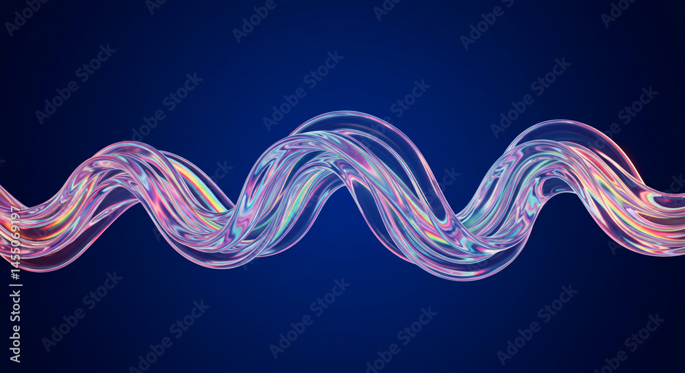 Poster Iridescent transparent wavy shape against a dark blue background creating a fluid design element