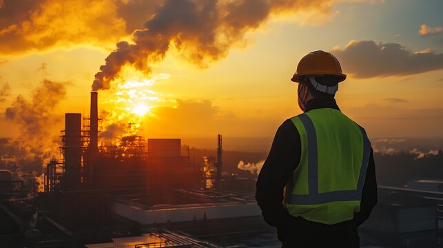 Industrial sunset worker observing pollution emissions from factory man sky view plant smoke power