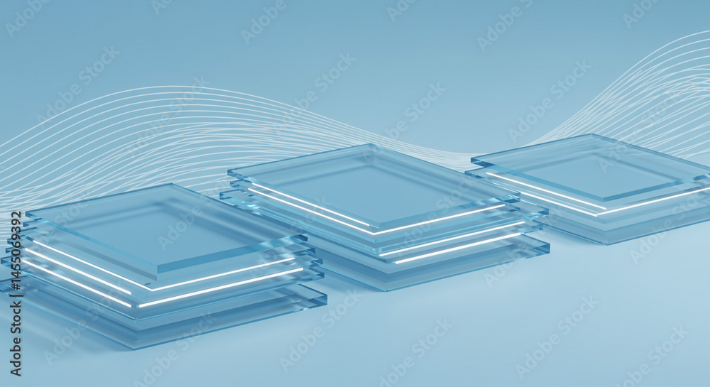 Poster Three stacks of transparent squares with white lines on a light blue wavy background design